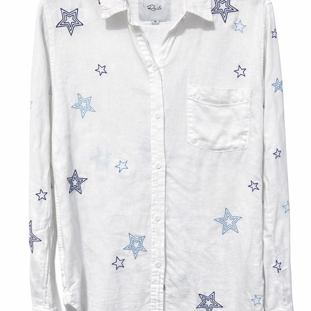 Rails Charli White Blue Star Embroidered Button Down Shirt XS Gauze